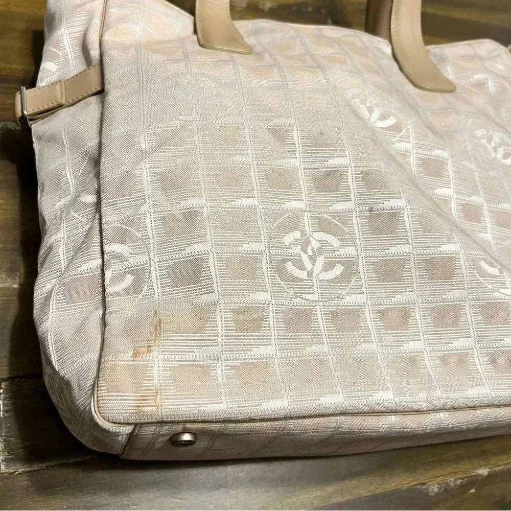 Chanel Travel Line Coco Tote CC Logo Monogram Beige Cream Nylon Vintage - Picture 5 of 17